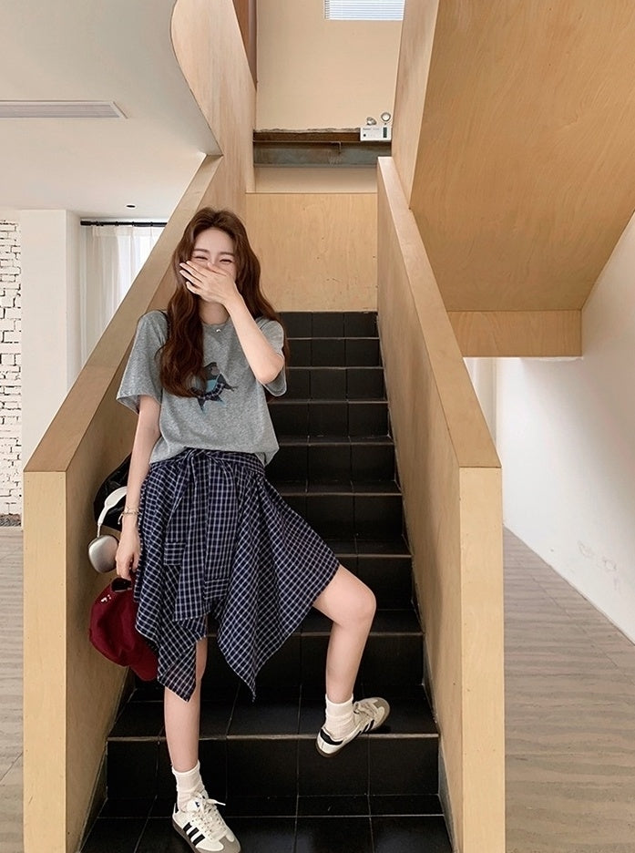 Plaid Skirt And Printed Short Sleeve Tee Set