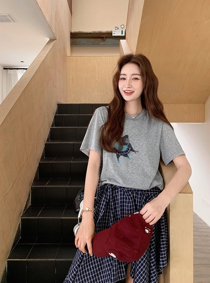 Plaid Skirt And Printed Short Sleeve Tee Set