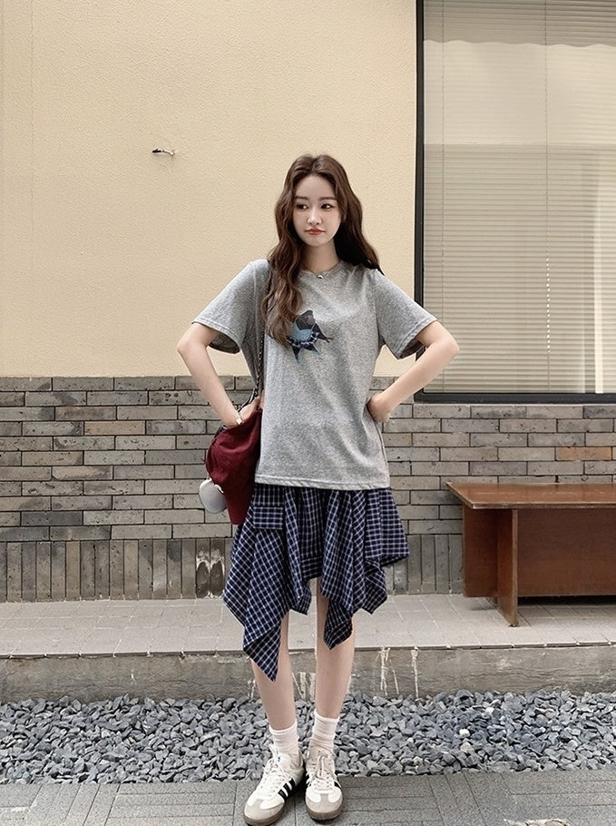 Plaid Skirt And Printed Short Sleeve Tee Set