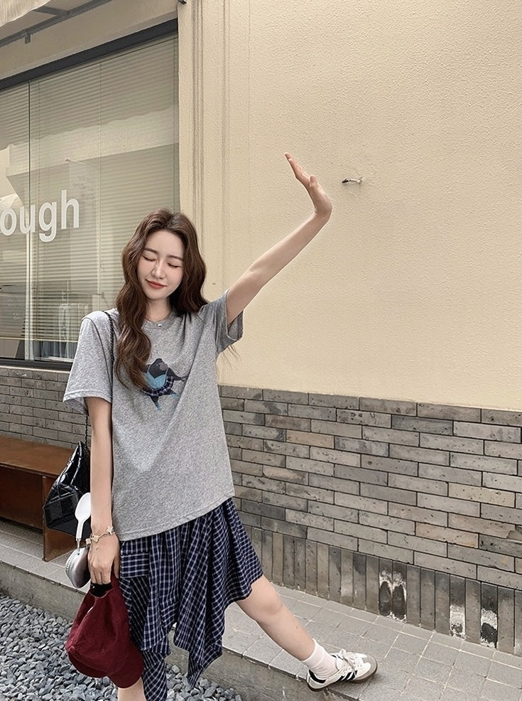 Plaid Skirt And Printed Short Sleeve Tee Set