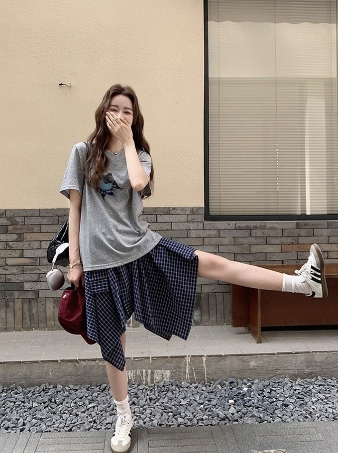 Plaid Skirt And Printed Short Sleeve Tee Set