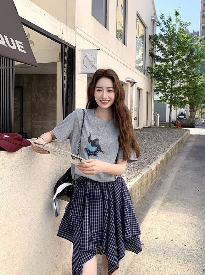 Plaid Skirt And Printed Short Sleeve Tee Set