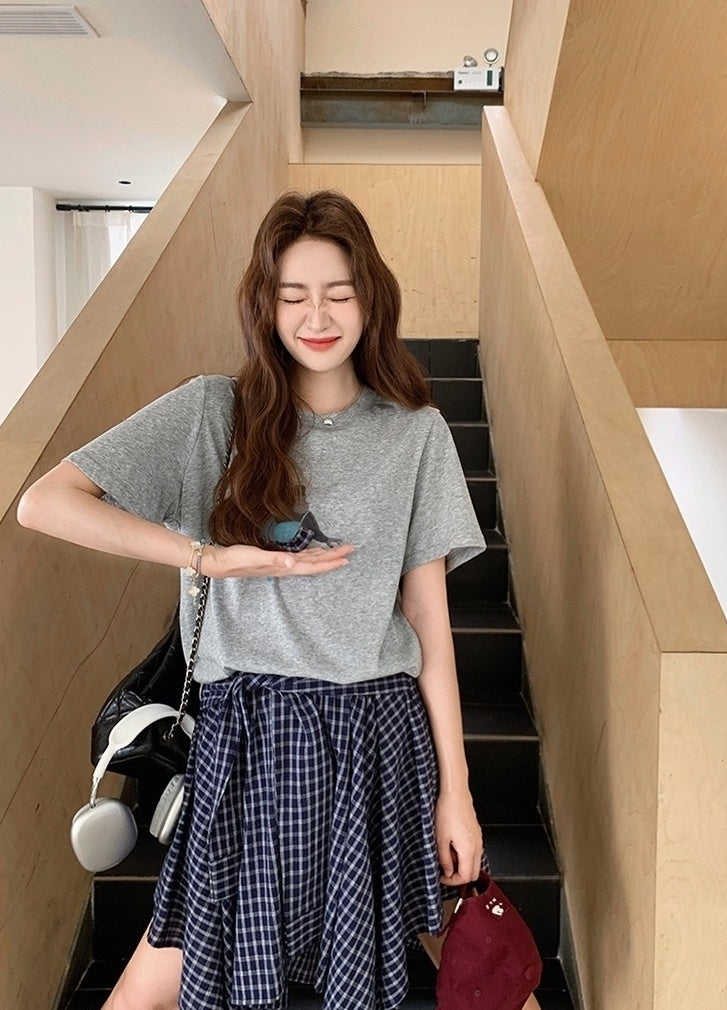 Plaid Skirt And Printed Short Sleeve Tee Set
