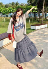 Plaid Skirt And Printed Tee Casual Outfit Set