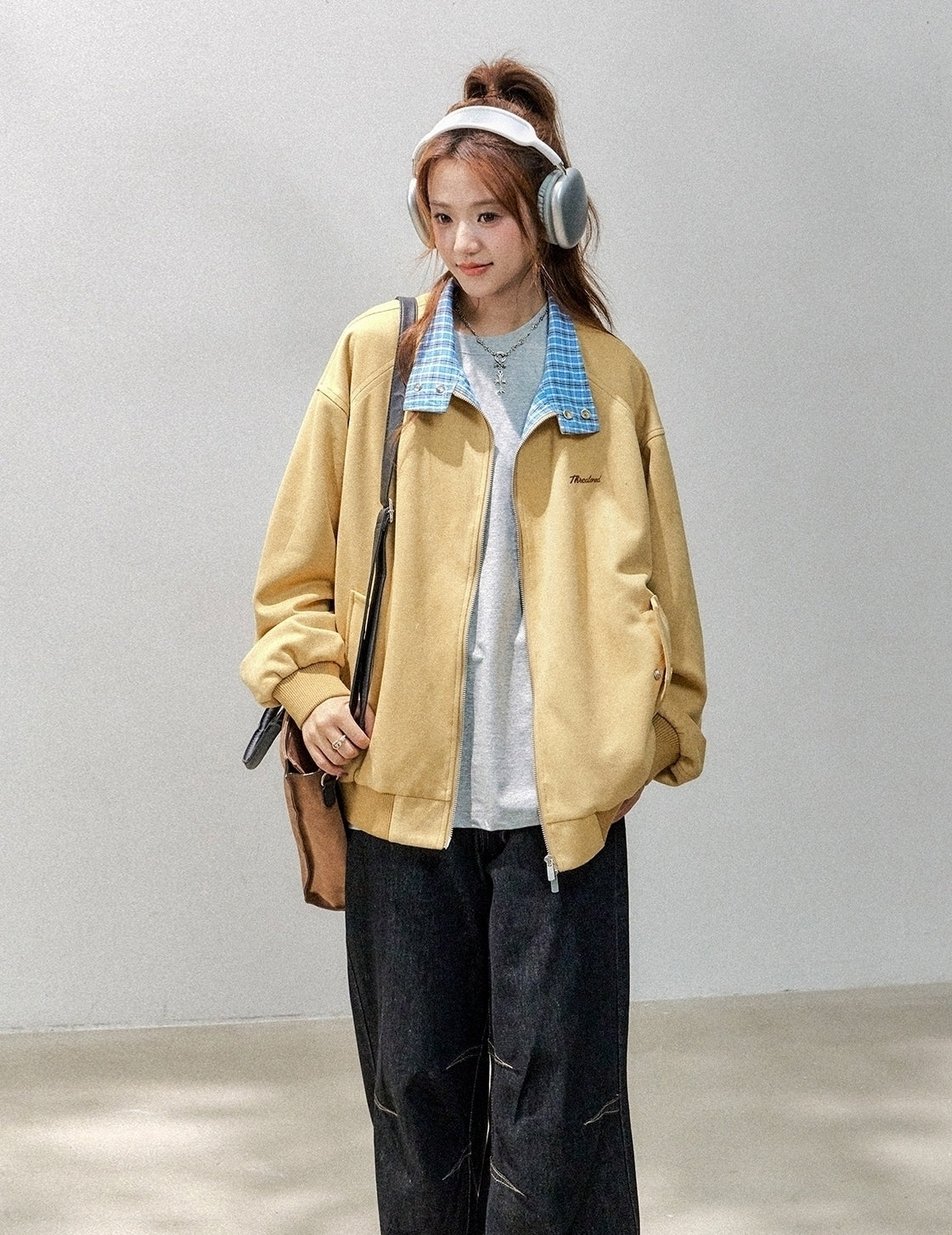 Plaid Patchwork Bomber Jacket Casual Outerwear