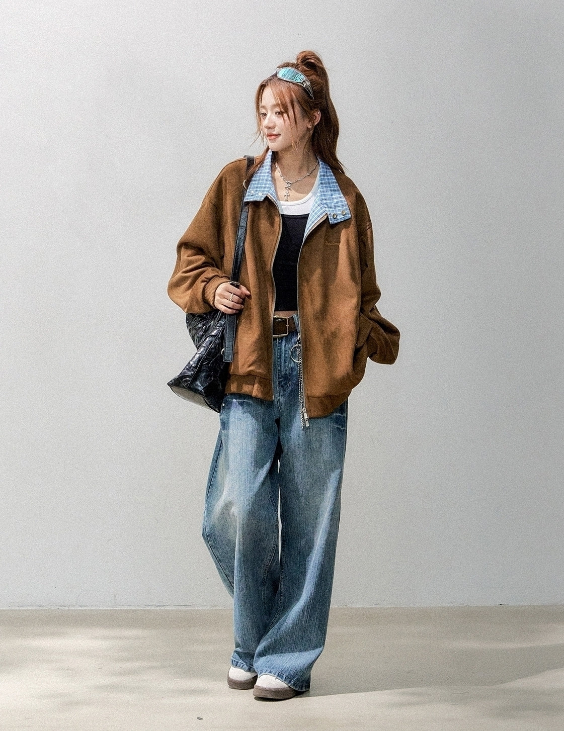 Plaid Patchwork Bomber Jacket Casual Outerwear