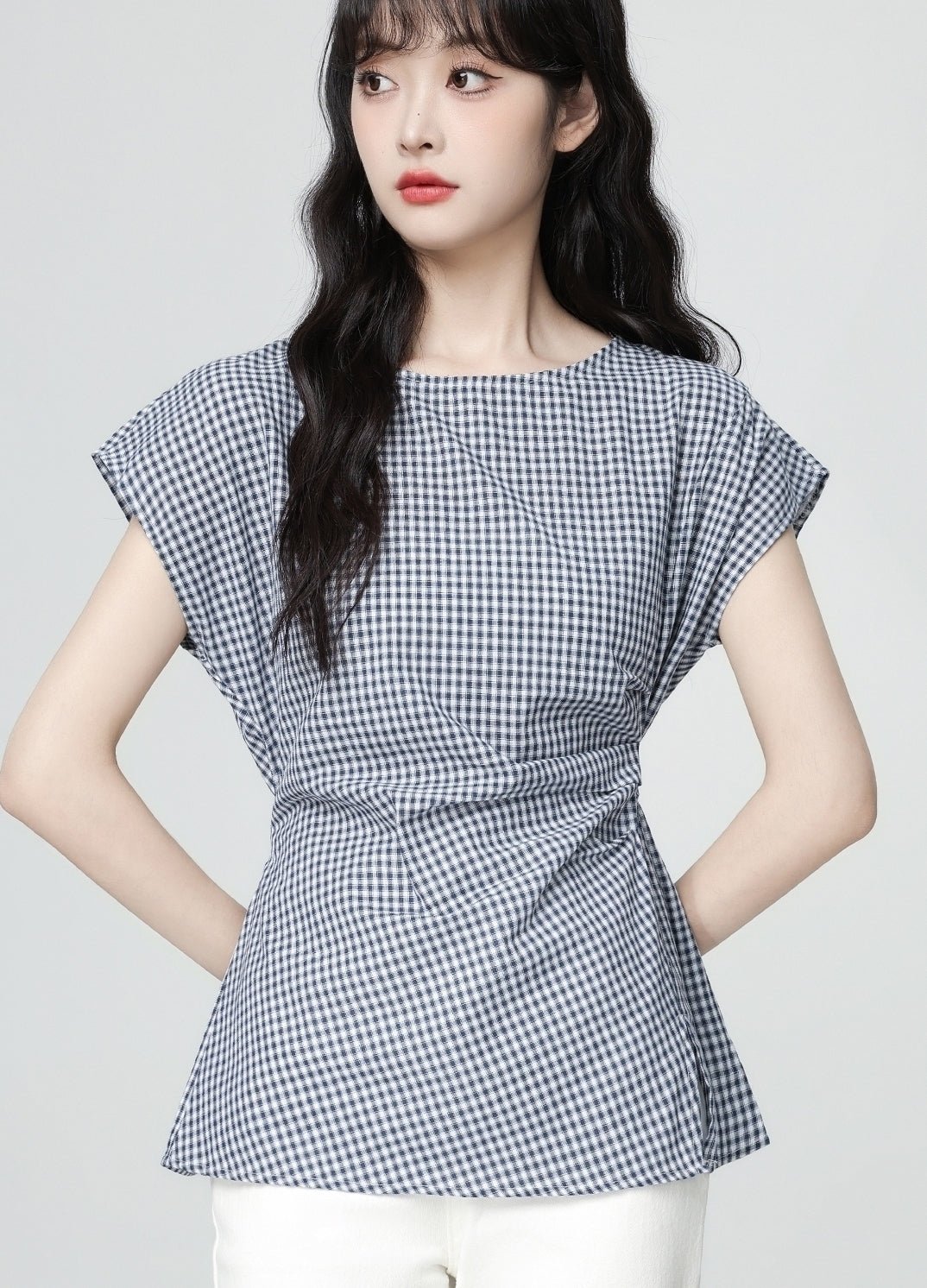 Plaid Tie Waist Ruffle Sleeve Short Sleeve Shirt