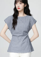 Plaid Tie Waist Ruffle Sleeve Short Sleeve Shirt