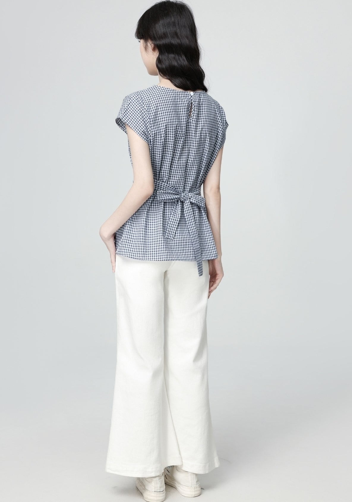 Plaid Tie Waist Ruffle Sleeve Short Sleeve Shirt