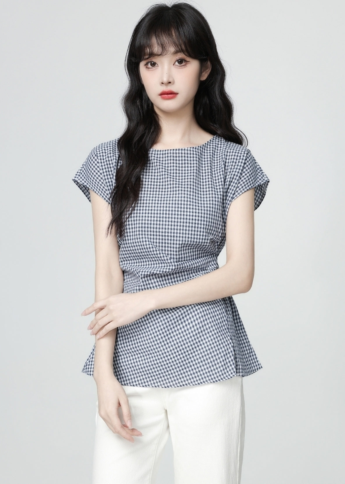 Plaid Tie Waist Ruffle Sleeve Short Sleeve Shirt