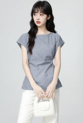 Plaid Tie Waist Ruffle Sleeve Short Sleeve Shirt