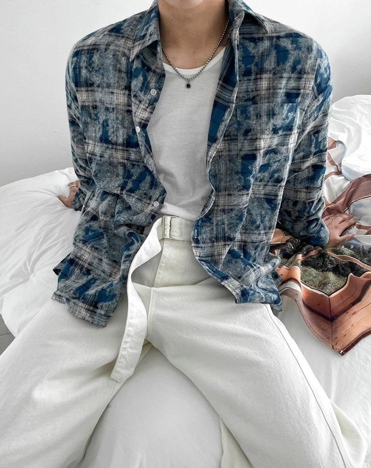 Plaid Tiedye Casual Long Sleeve Shirt