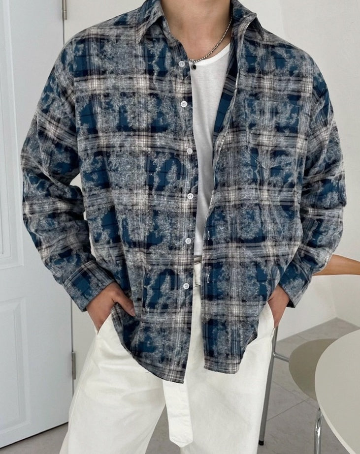Plaid Tiedye Casual Long Sleeve Shirt
