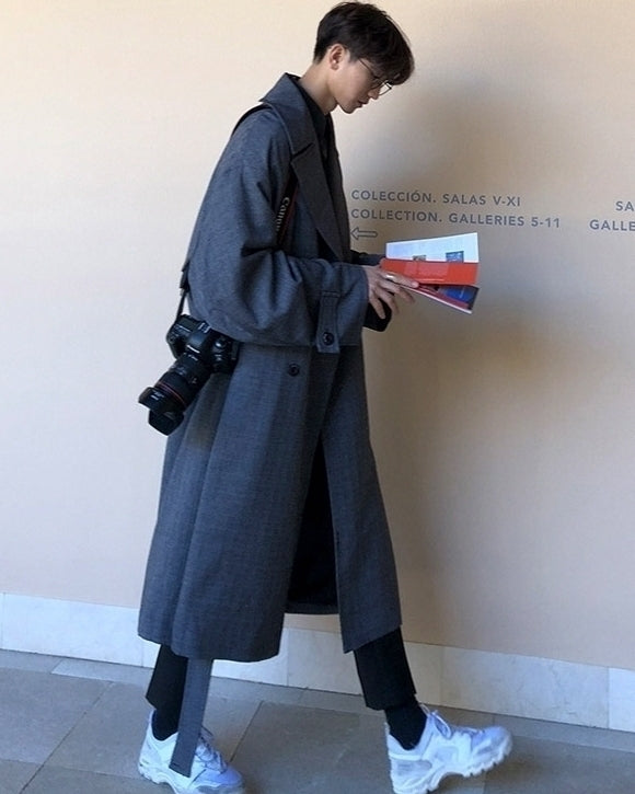Plaid Vintage Long Trench Coat Casual Korean Style