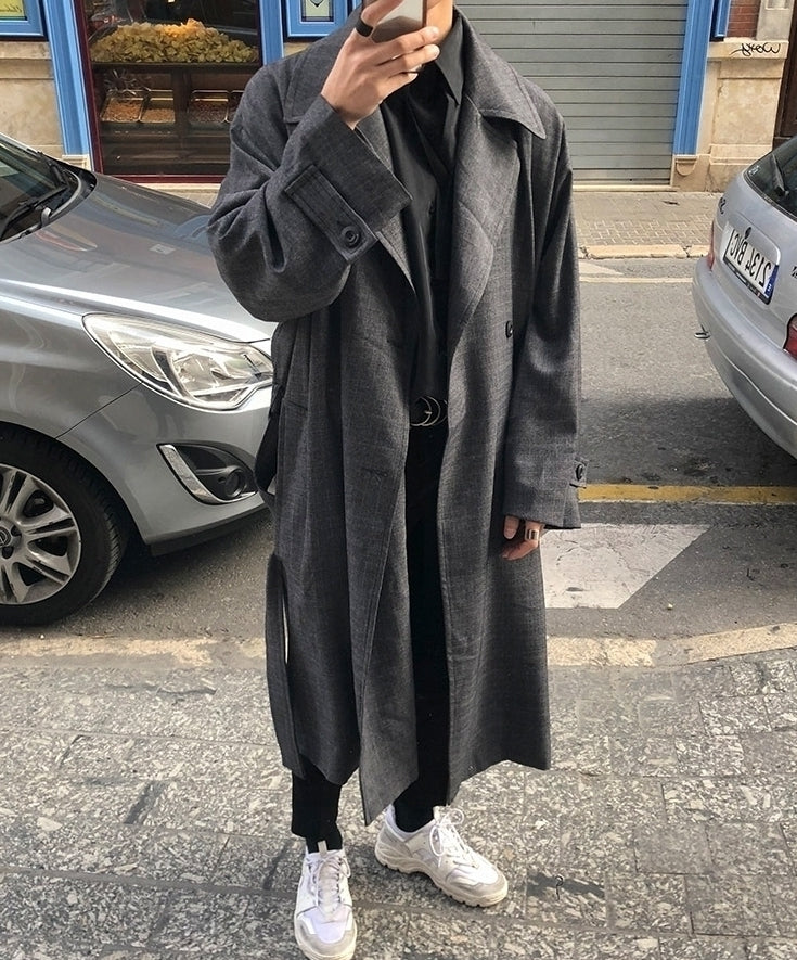 Plaid Vintage Long Trench Coat Casual Korean Style