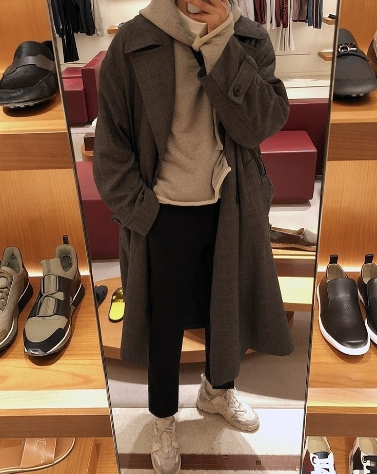 Plaid Vintage Long Trench Coat Casual Korean Style