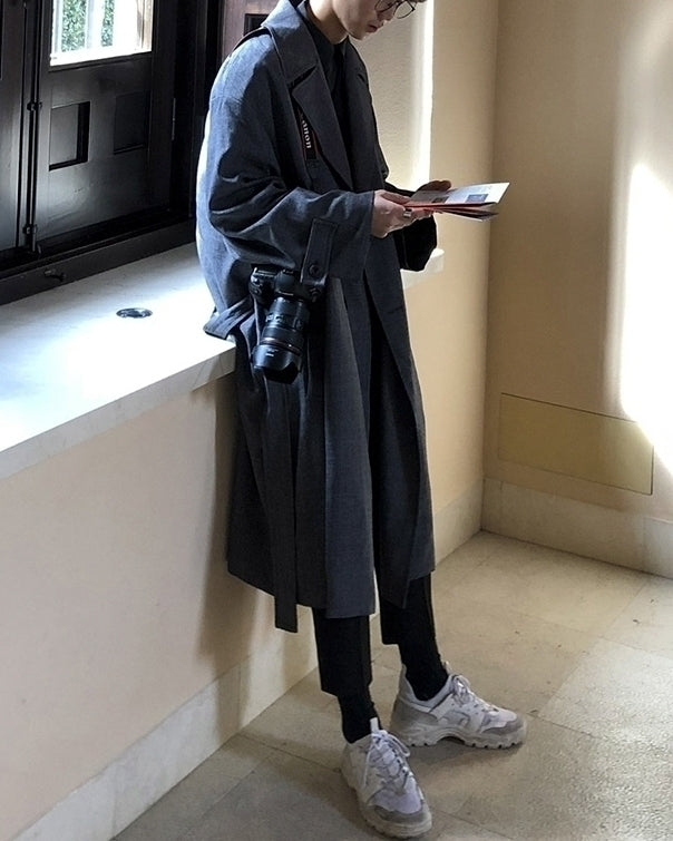 Plaid Vintage Long Trench Coat Casual Korean Style