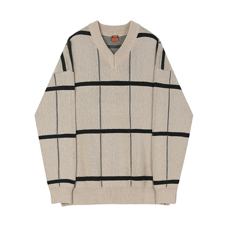 Plaid Vneck Knitted Sweater Jacket