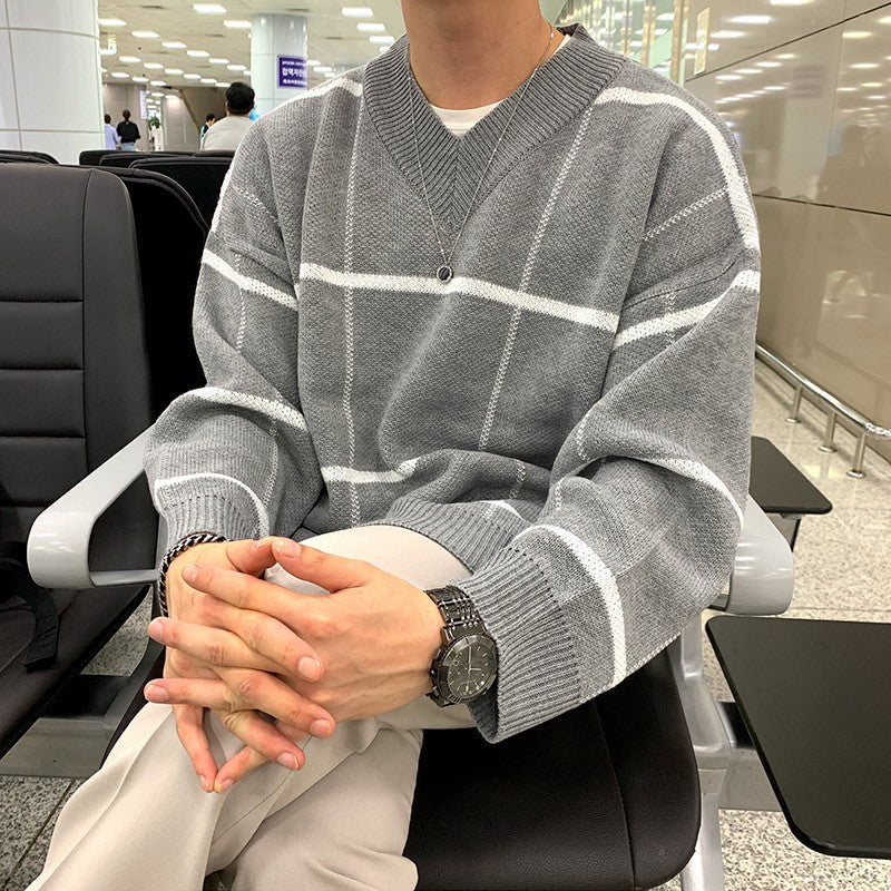 Plaid Vneck Knitted Sweater Jacket