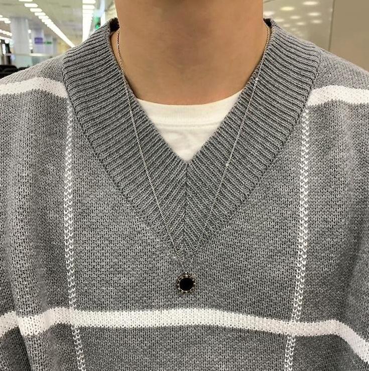 Plaid Vneck Knitted Sweater Jacket