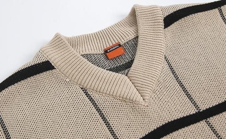 Plaid Vneck Knitted Sweater Jacket