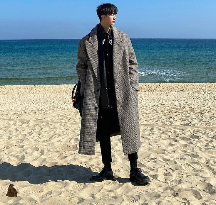 Plaid Blend Casual Long Coat