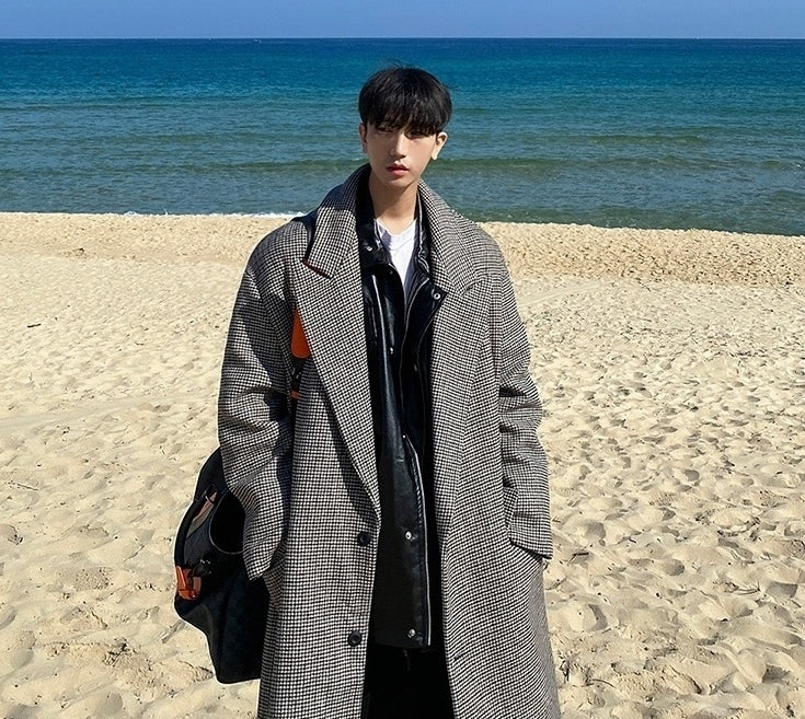 Plaid Blend Casual Long Coat