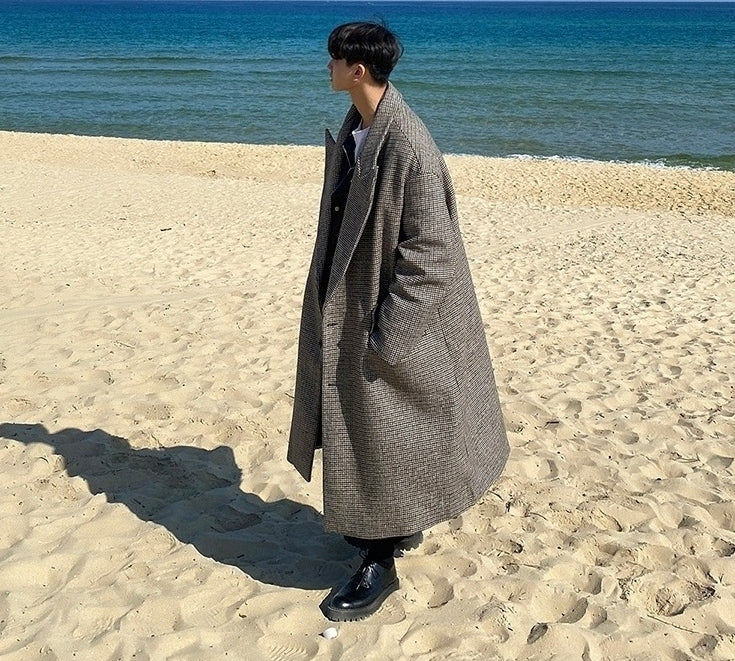 Plaid Blend Casual Long Coat