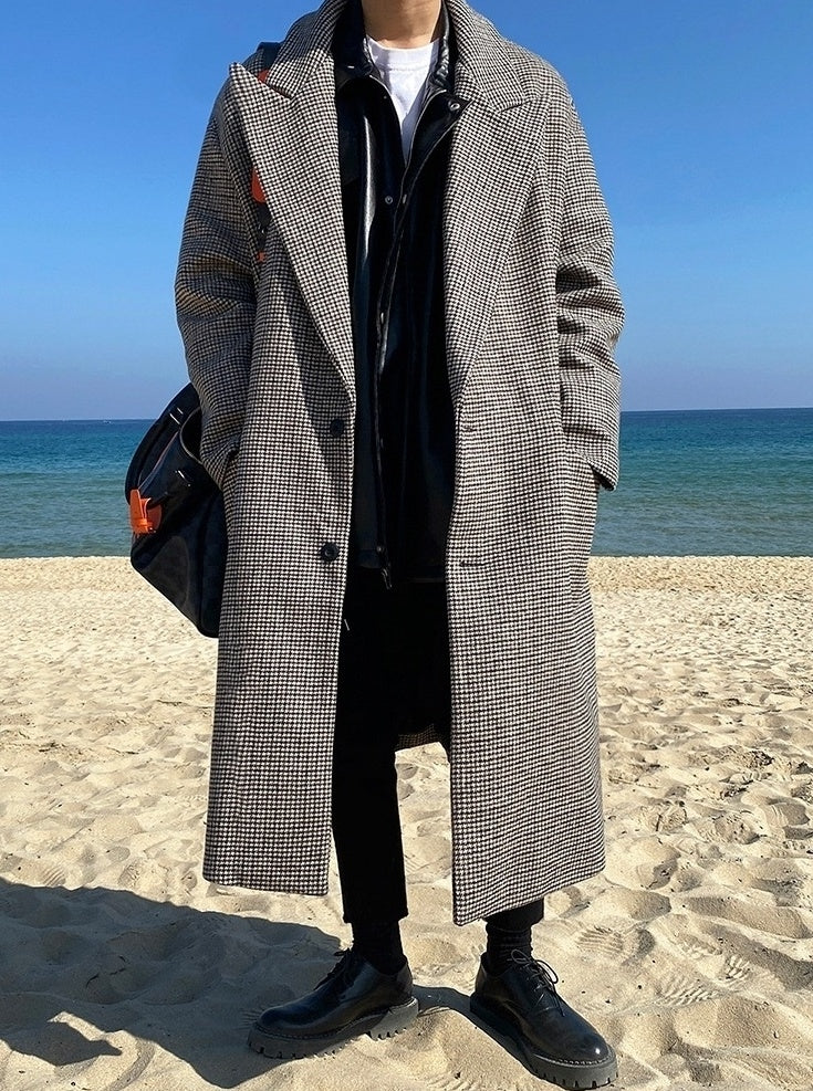 Plaid Blend Casual Long Coat