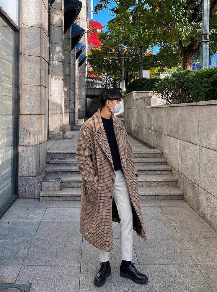 Plaid Blend Casual Long Coat
