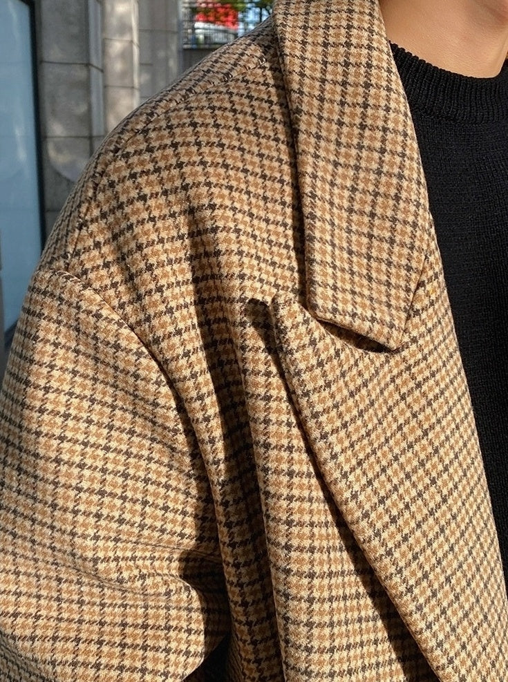 Plaid Blend Casual Long Coat