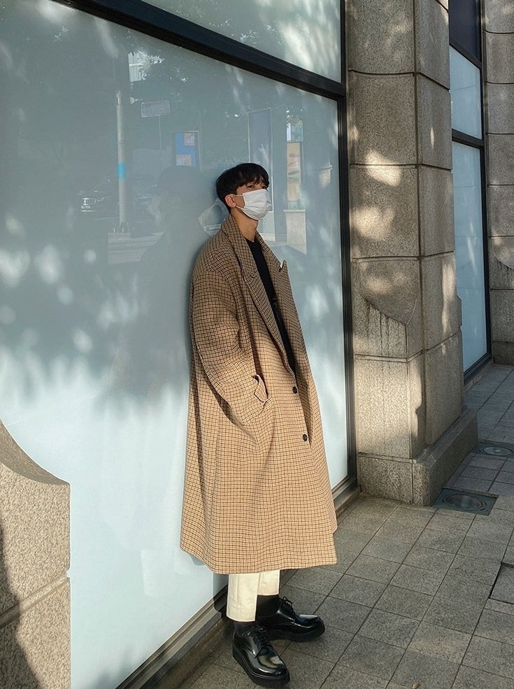 Plaid Blend Casual Long Coat