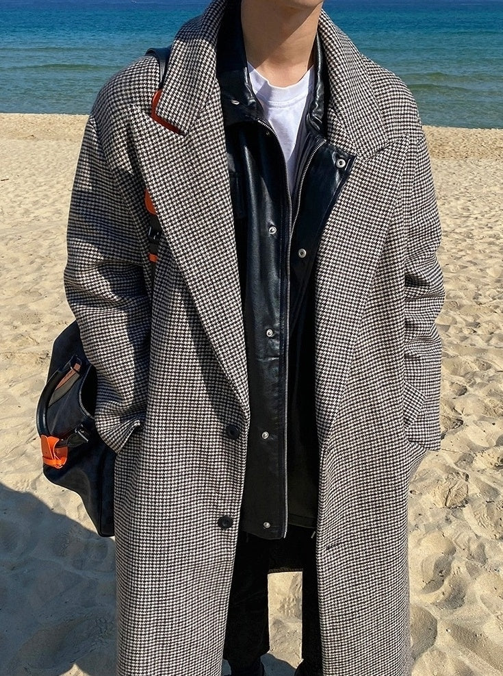 Plaid Blend Casual Long Coat