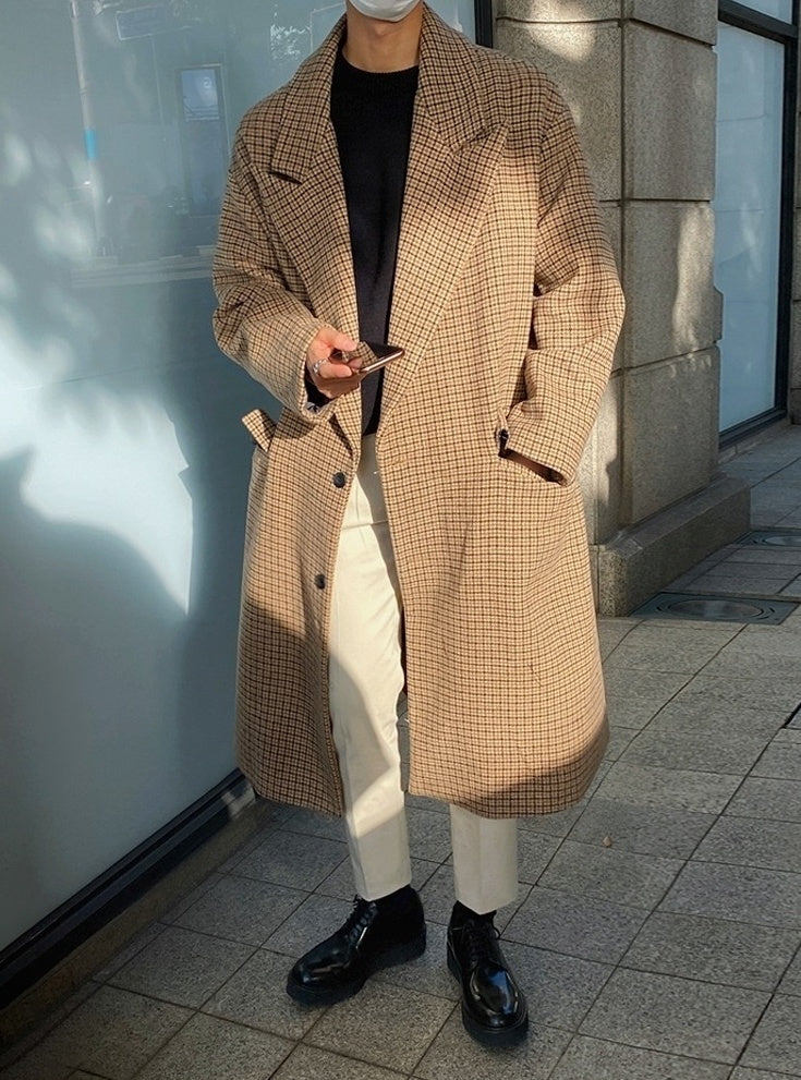 Plaid Blend Casual Long Coat