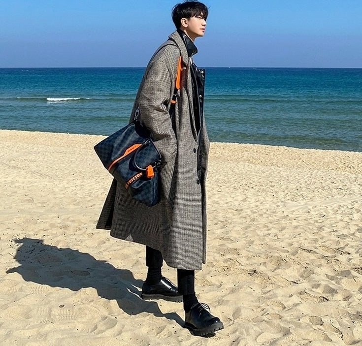 Plaid Blend Casual Long Coat
