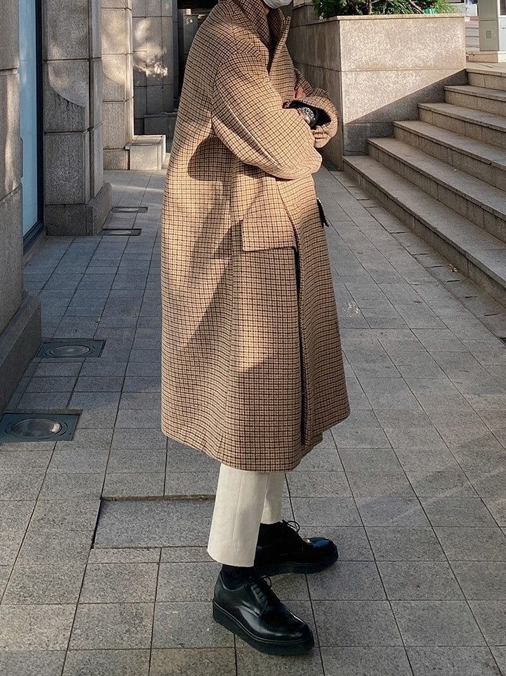 Plaid Blend Casual Long Coat