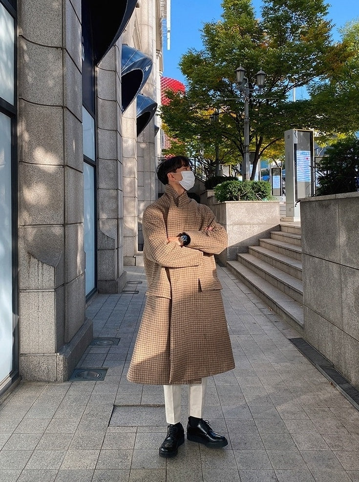 Plaid Blend Casual Long Coat