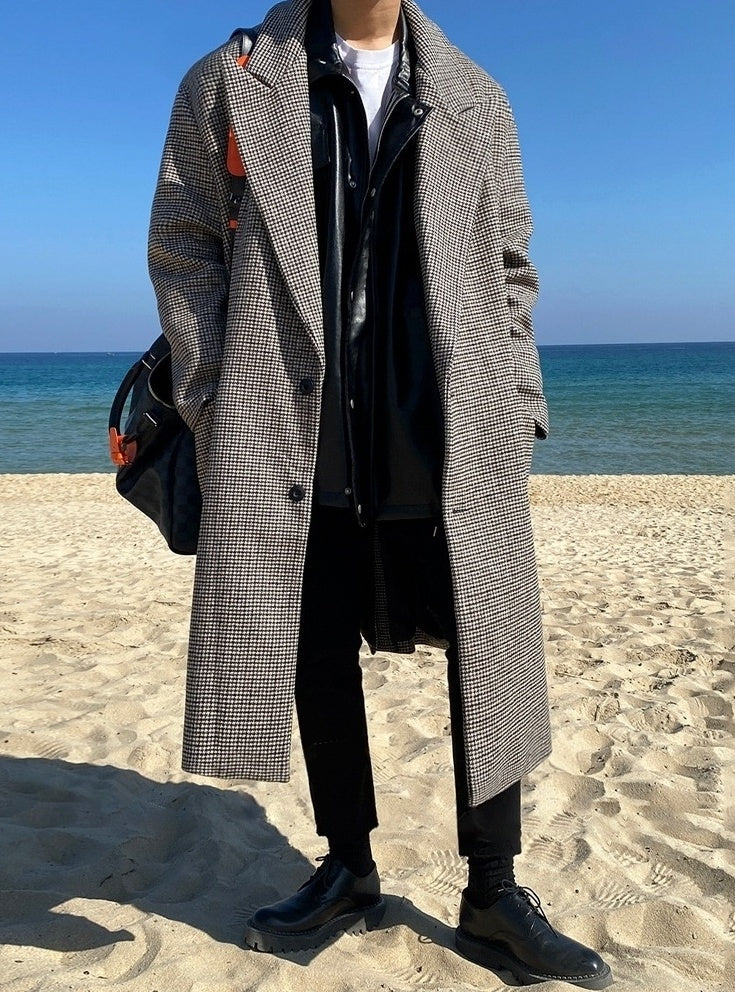 Plaid Blend Casual Long Coat