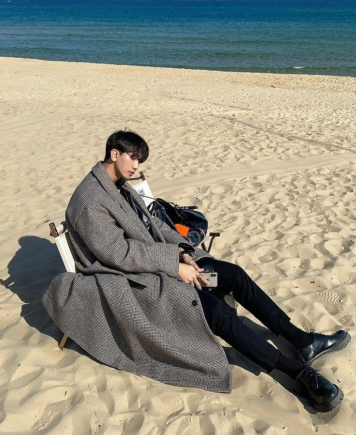 Plaid Blend Casual Long Coat