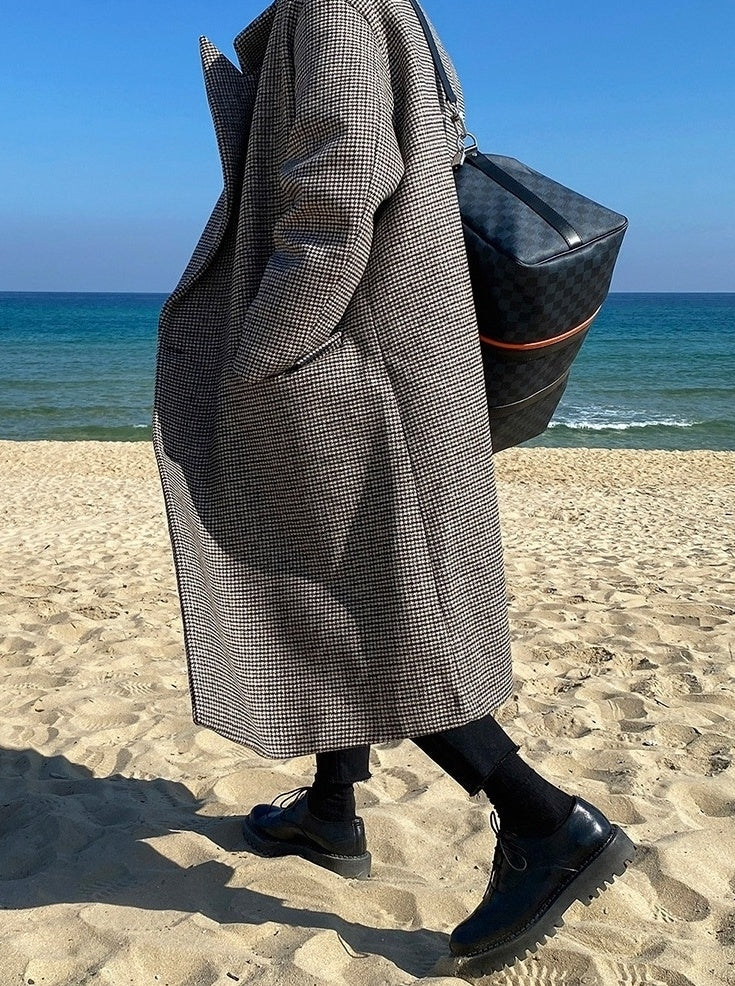 Plaid Blend Casual Long Coat