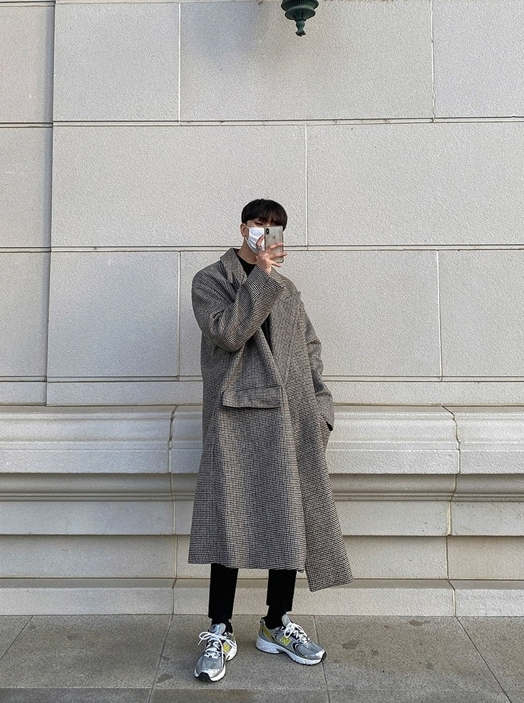 Plaid Blend Casual Long Coat