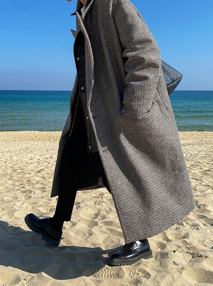 Plaid Blend Casual Long Coat