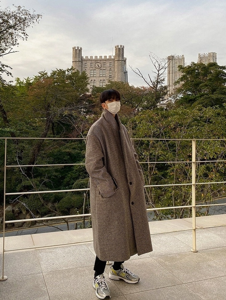 Plaid Blend Casual Long Coat