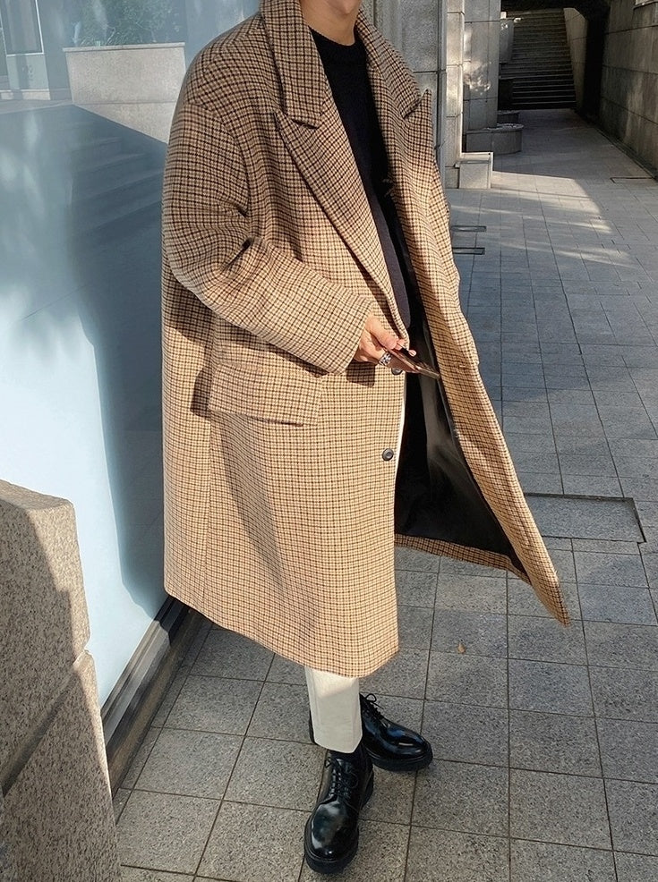 Plaid Blend Casual Long Coat