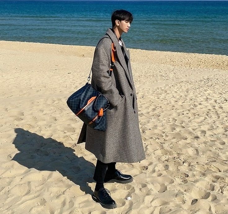 Plaid Blend Casual Long Coat