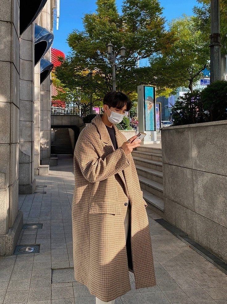 Plaid Blend Casual Long Coat