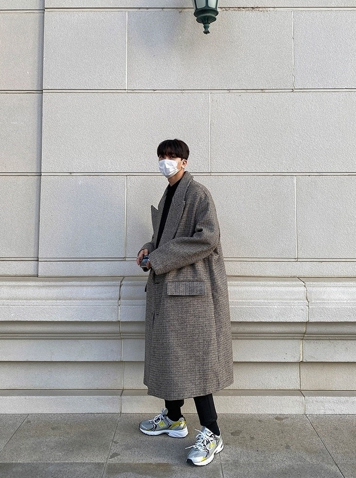 Plaid Blend Casual Long Coat