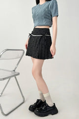 Pleated High Waist A Line Black Mini Skirt