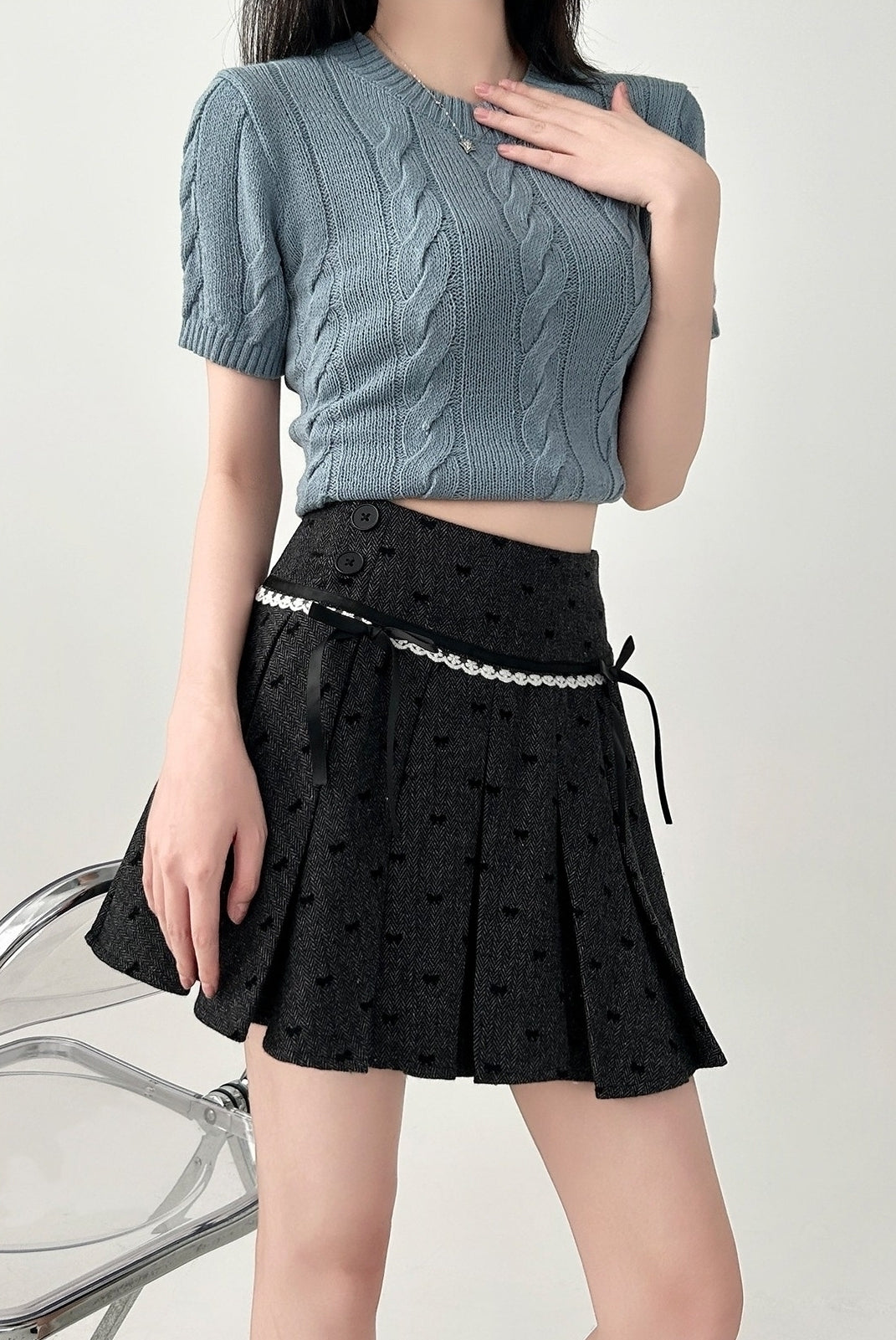 Pleated High Waist A Line Black Mini Skirt