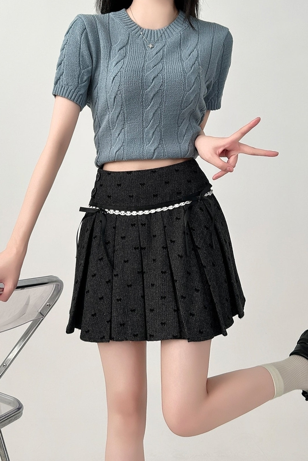 Pleated High Waist A Line Black Mini Skirt